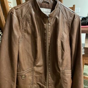 Brown distressed faux leather bomber jacket
